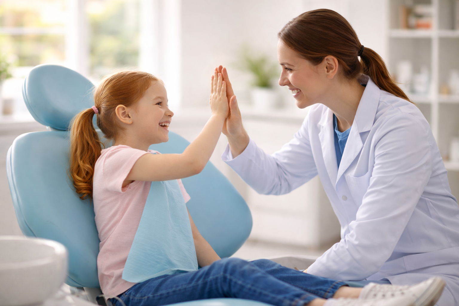 Dentist high-fiving a happy child patient