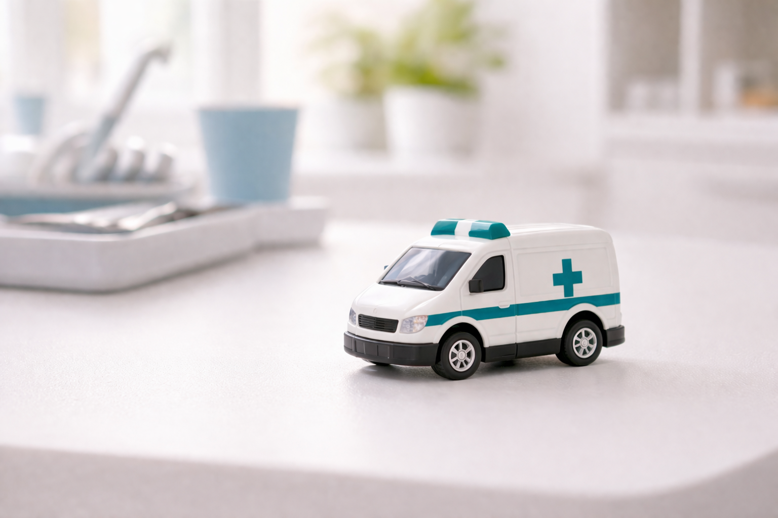 Toy ambulance on a dental office desk